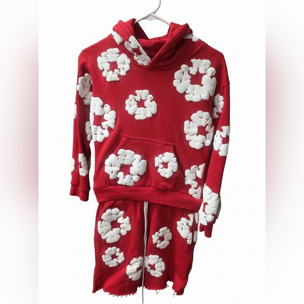 Denim And Tears Red and White Short And Hoodie Set